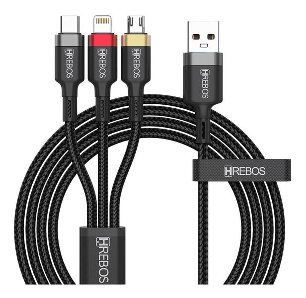 Cabo Carregador 3 em 1 Tipo C Micro USB - Carga Rápida 3.4A - Hrebos Imagem de Cabo Carregador 3 em 1 Tipo C Micro USB - Carga Rápida 3.4A