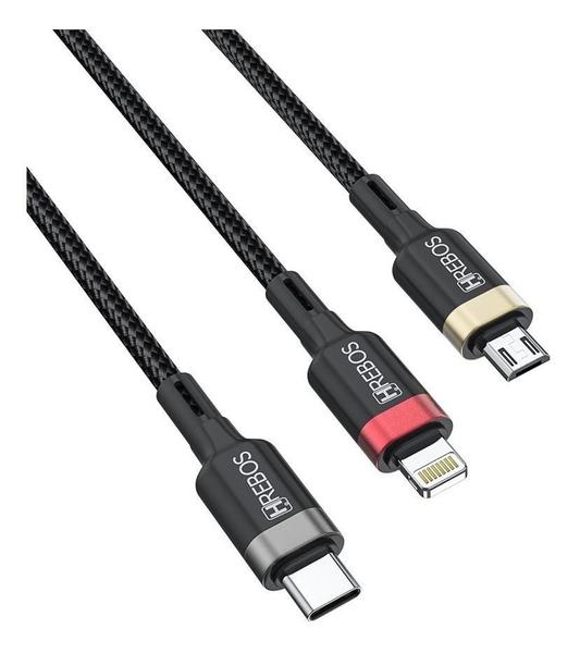 Cabo Carregador 3 em 1 Tipo C Micro USB - Carga Rápida 3.4A - Hrebos Imagem de Cabo Carregador 3 em 1 Tipo C Micro USB - Carga Rápida 3.4A