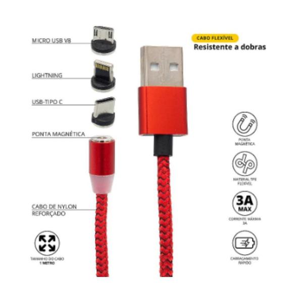 Imagem de Cabo Carregador Magnético Led 3 em 1 Lightning Micro USB Tipo C Smartphone