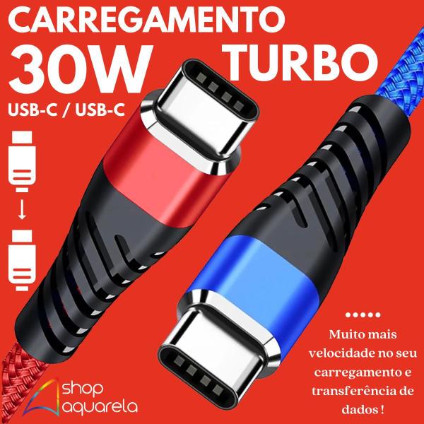 Imagem de Cabo Carregador Turbo 30W Tipo C para Tipo C 2 Metros Carregamento Rapido 