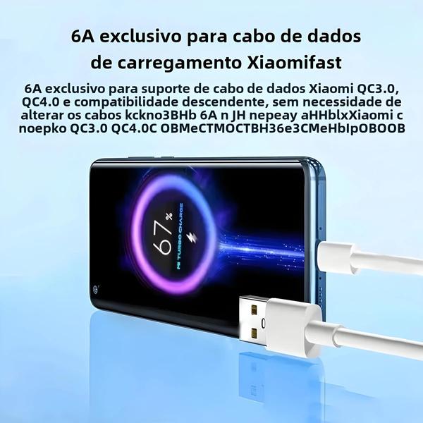 Imagem de Cabo Carregador Ultra Rápido 67W para Xiaomi - Compatível com 10T, 11 Lite, 12, Redmi Note 11T, 12T, 13, POCO X3, X4 e F4