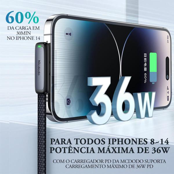 Imagem de Cabo Carregador Usb-C P/ Lightning 90º 2m Led PD 36w Mcdodo