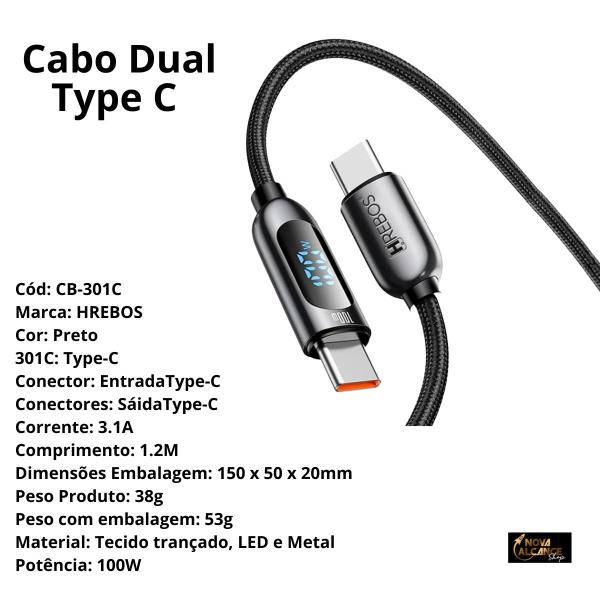 Imagem de Cabo Carregamento Dados Dual Type C 100W  Com Display 120cm 