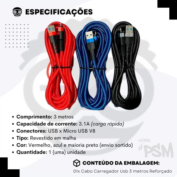 Imagem de Cabo Controle Ps4 3 Metros Carregador Turbo Compatível Usb 3m Reforçado