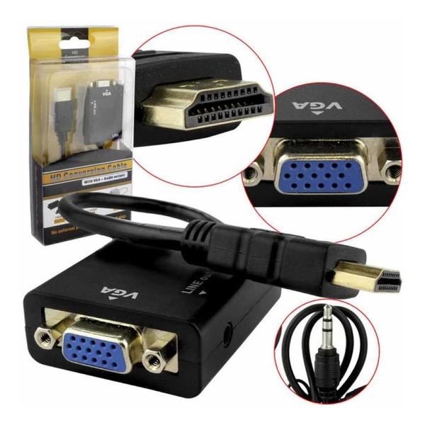 Cabo Conversor Adaptador Hdmi X Vga Saída De Áudio P2 Novo - lotus Imagem de Cabo Conversor Adaptador Hdmi X Vga Saída De Áudio P2 Novo