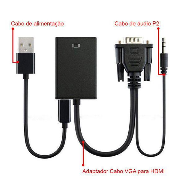 Imagem de Cabo Conversor Vídeo VGA Macho Com Audio P2 p/ HDMI Fêmea