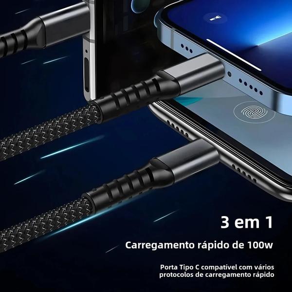 Imagem de Cabo de Carregamento 3 em 1 - USB-C, Micro USB e Lightning - Transparente e com Luz Indicadora