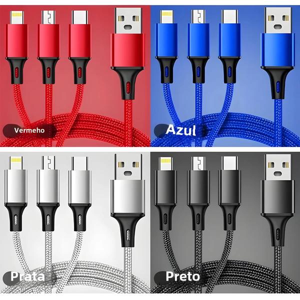 Cabo de Carregamento 3 em 1 (USB, Tipo C, Micro USB) - Compatível com iPhone 14/13/12 e Xiaomi Imagem de Cabo de Carregamento 3 em 1 (USB, Tipo C, Micro USB) - Compatível com iPhone 14/13/12 e Xiaomi