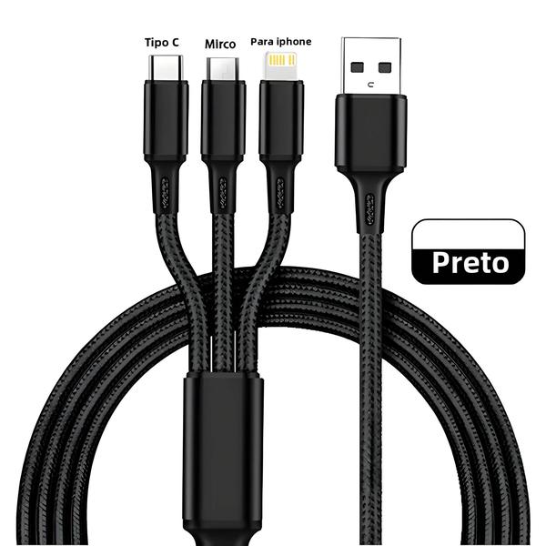 Cabo de Carregamento 3 em 1 (USB, Tipo C, Micro USB) - Compatível com iPhone 14/13/12 e Xiaomi Imagem de Cabo de Carregamento 3 em 1 (USB, Tipo C, Micro USB) - Compatível com iPhone 14/13/12 e Xiaomi