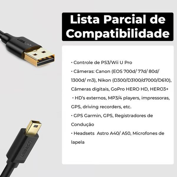 Imagem de Cabo de Dados Ugreen Us132 Usb 2.0 p Mini Usb 5 Pinos 3m