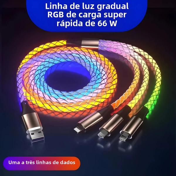 Imagem de Cabo de Dados USB 3 em 1 com Luz RGB - Carregamento Rápido 6A