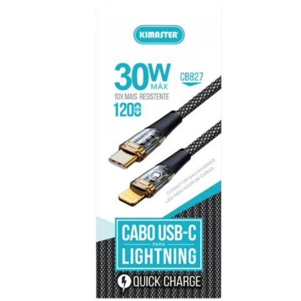 Imagem de Cabo de Dados USB-C p/Lightning 1,2M 30W QC Kimaster CB827L Preto