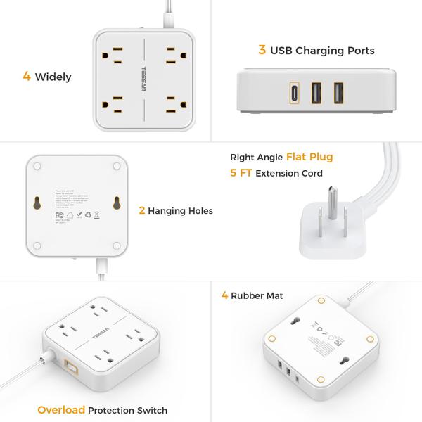 Imagem de Cabo de extensão TESSAN Surge Protector de 15 pés com 4 saídas, 3 USB