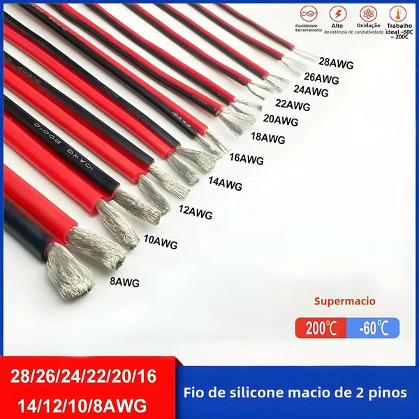 Imagem de Cabo de Silicone Super Macio 26AWG/28AWG - Fio de Cobre Estanhado (Preto/Vermelho) - Alta Temperatura