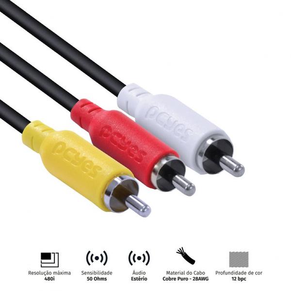 Imagem de Cabo de video composto 3 rca macho para 3 rca macho 28awg puro cobre 2 metros - p3r-2 pcyes