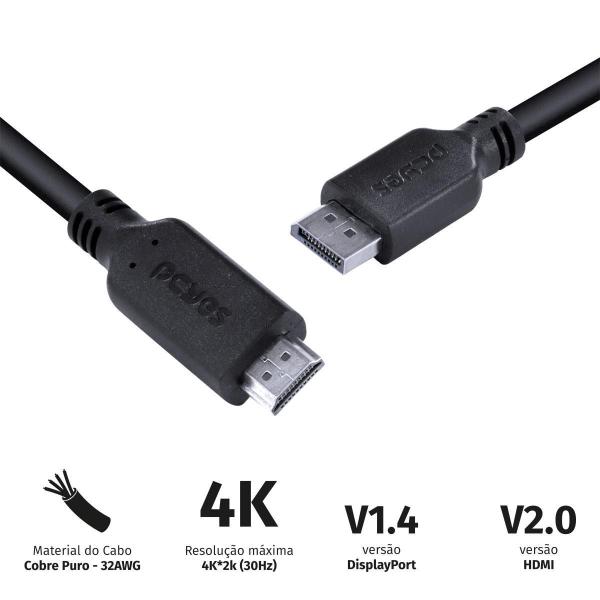 Imagem de Cabo Displayport Macho Para Hdmi 2.0 Macho 2 Metros