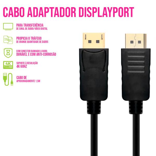 Imagem de Cabo Displayport para Displayport 1.5m Full Hd 4k Pc Placa de Video Imagem