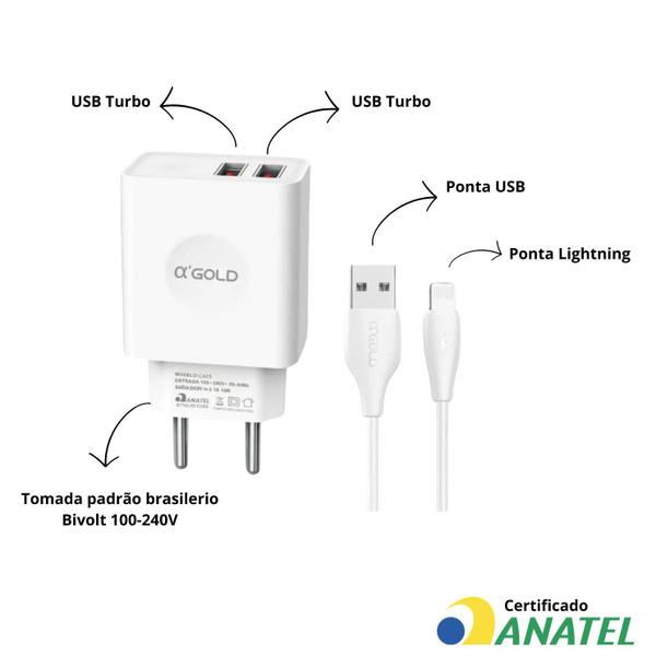 Imagem de Cabo e Tomada Carregador Turbo  2 USB 3.1A USB Compatível com iPhone