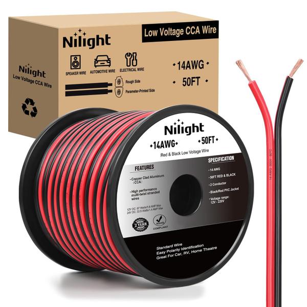 Cabo elétrico Nilight 14AWG 50 pés vermelho preto 12V/24V DC CCA Imagem de Cabo elétrico Nilight 14AWG 50 pés vermelho preto 12V/24V DC CCA