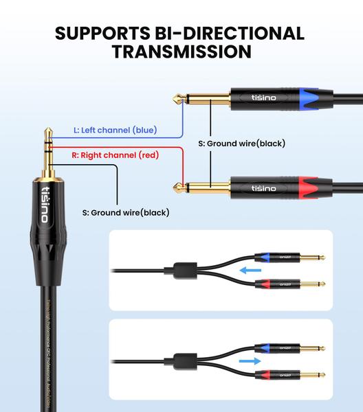 Imagem de Cabo estéreo TISINO 1/8 a 1/4, TRS Estéreo de 1/8 polegadas para cabo duplo de 1/4 polegadas TS Mono Y-Splitter Cabo 3,5 mm Aux Mini Jack para Jack Breakout Cord - 10 pés