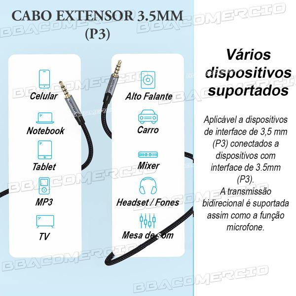 Imagem de Cabo Extensor Áudio Fone Microfone Stereo P3 x P3 3.5mm 2m