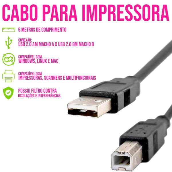 Imagem de Cabo Extensor de Impressora USB 2.0 5 m Compatível Universal