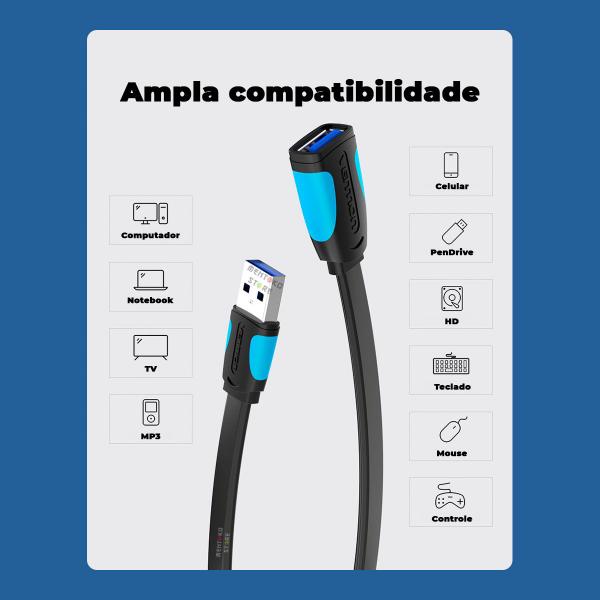 Imagem de Cabo Extensor Flat USB 3.0 Extensao Pendrive Tv 3m Vention