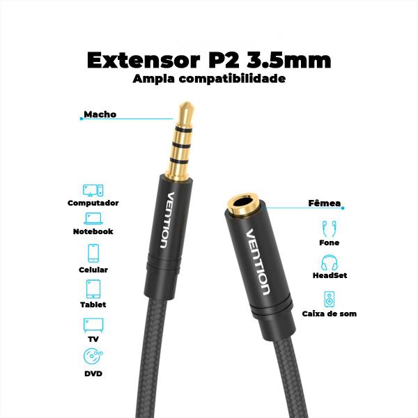 Imagem de Cabo Extensor P2 Extensao Pc Microfone Premium 2m Vention