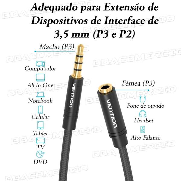 Imagem de Cabo extensor P3 3,5mm Suporta Fone e Microfone Lapela 1m