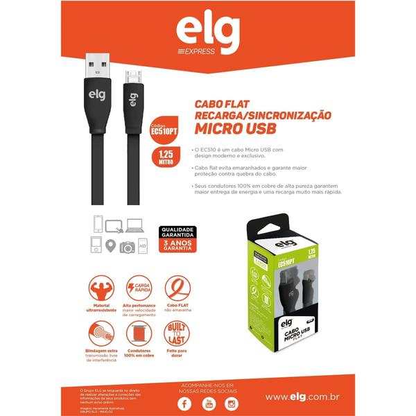 Imagem de Cabo Flat Micro USB EC510PT 1,25m Preto ELG