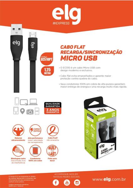 Imagem de Cabo Flat Micro USB para Recarga/Sincronização Preto - ELG