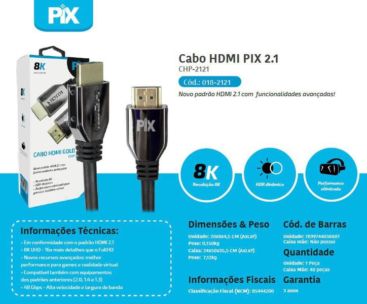 Imagem de Cabo Hdmi 1.5mt Pix Gold 2.1 8k Ultra Hd E Hdr Dinamiico 018-2121