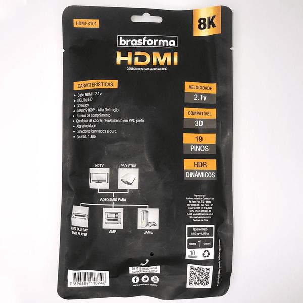 Imagem de Cabo HDMI 1M 8k 2.1 Brasforma HDMI-8101 Ultra HD 19 pinos