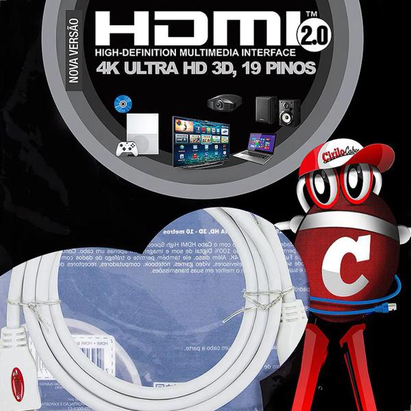 Cabo HDMI 2.0 4K Ultra HD 3D, Branco - 5 Metros - CIRILO CABOS Imagem de Cabo HDMI 2.0 4K Ultra HD 3D, Branco - 5 Metros