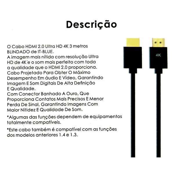 Imagem de Cabo HDMI 2.0 Malha Trançada TMDS 4k It Blue Original