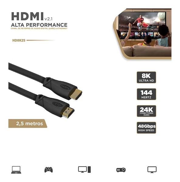 Imagem de Cabo HDMI 2.1 8K 3D 144HZ Cabo 2,5Mts ELG - HD8K25