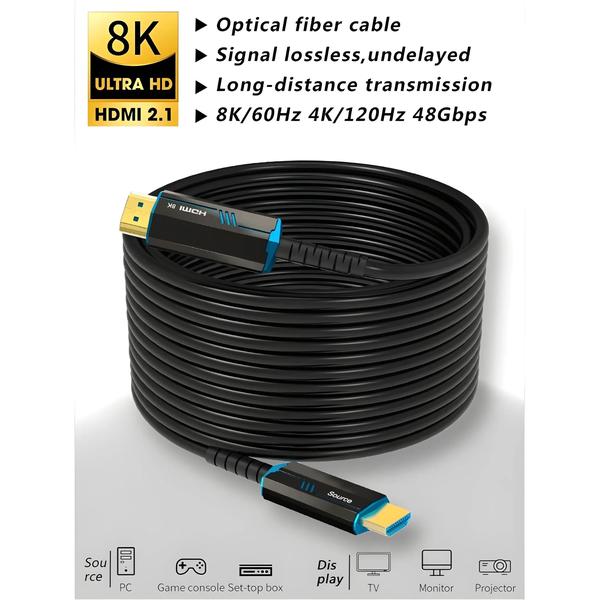 Imagem de Cabo HDMI 2.1 de Fibra Ótica 48Gbps - 8K@60Hz e 4K@120Hz - HDR, eARC, 3D e HDCP