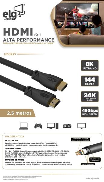 Imagem de Cabo HDMI 2.1V 3D Ready 8K UltraHD com 2,5 metros -  ELG