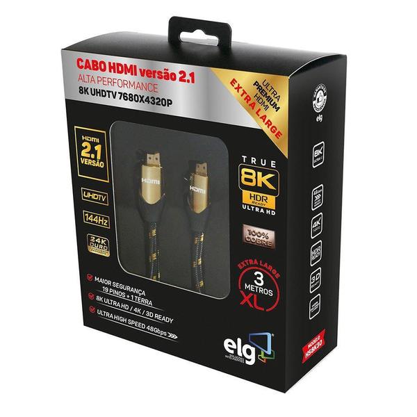 Cabo Hdmi 2.1V 8K Ultra High Speed Com Ethernet 3 Metros Hs8 - ELG Imagem de Cabo Hdmi 2.1V 8K Ultra High Speed Com Ethernet 3 Metros Hs8