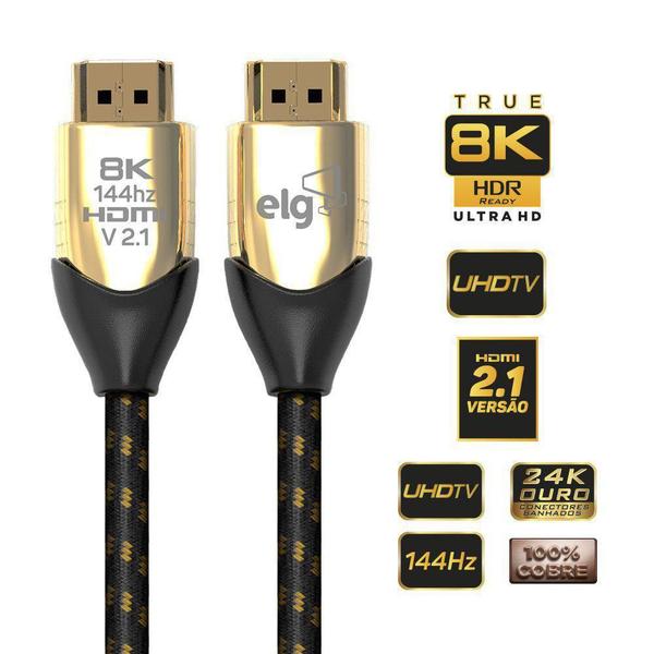 Cabo Hdmi 2.1V 8K Ultra High Speed Com Ethernet 3 Metros Hs8 - ELG Imagem de Cabo Hdmi 2.1V 8K Ultra High Speed Com Ethernet 3 Metros Hs8