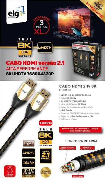 Cabo Hdmi 2.1V 8K Ultra High Speed Com Ethernet 3 Metros Hs8 - ELG Imagem de Cabo Hdmi 2.1V 8K Ultra High Speed Com Ethernet 3 Metros Hs8
