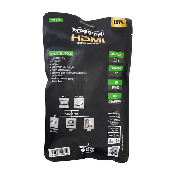 Imagem de Cabo Hdmi 3 Metros 2.1 Ultra Hd 3D 2160P 19 Pinos Brasforma