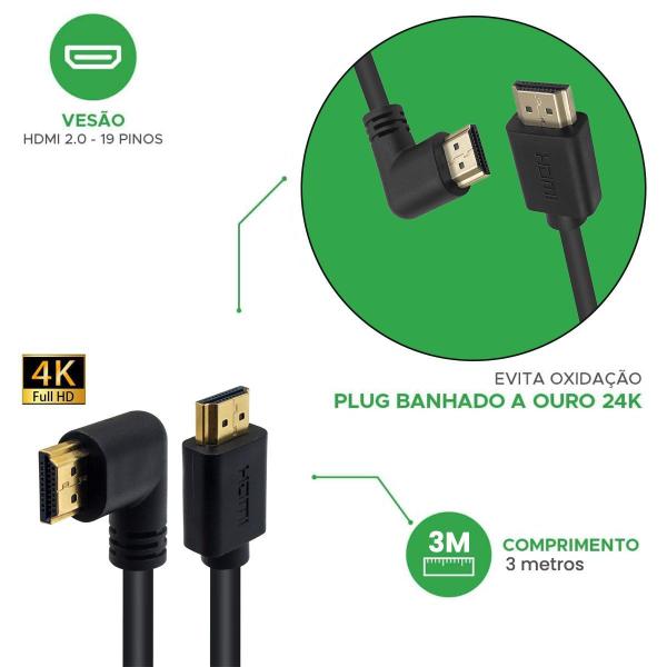 Imagem de Cabo Hdmi 3 Metros 4k 60hz 28awg Ultra Hd Pino 90 Graus Mxt