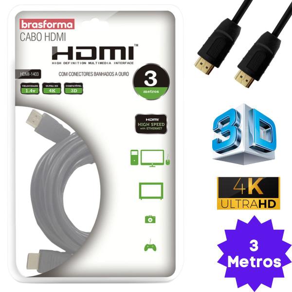 Cabo Hdmi 3m 4k Ultra Hd 19 Pinos 3 Metros Alta Definição - Brasforma Imagem de Cabo Hdmi 3m 4k Ultra Hd 19 Pinos 3 Metros Alta Definição