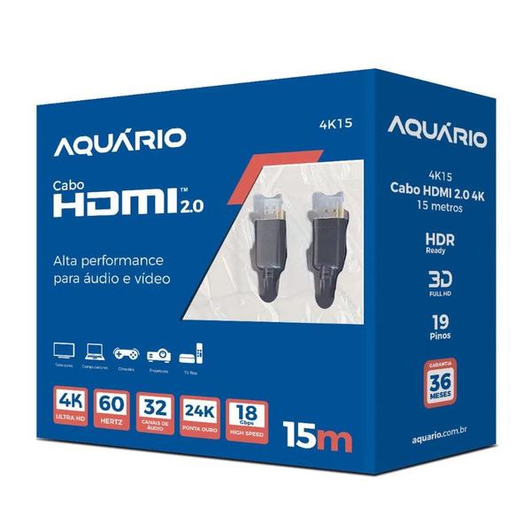 Imagem de Cabo Hdmi Aquario 2.0 4K 3D 19 Pinos 15 Metros - 4K15