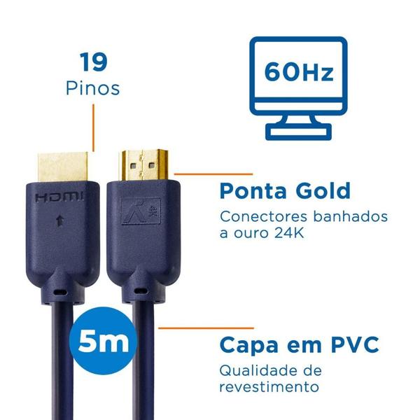 Imagem de Cabo Hdmi Aquario 2.0 4K 3D 19 Pinos 5 Metros - 4K05