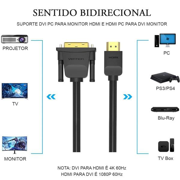 Cabo Hdmi/dvi-d Premium Plug Banhado A Ouro 1 Metro Vention Imagem de Cabo Hdmi/dvi-d Premium Plug Banhado A Ouro 1 Metro Vention