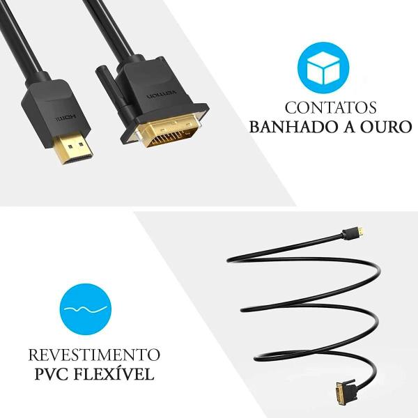 Cabo Hdmi/dvi-d Premium Plug Banhado A Ouro 1 Metro Vention Imagem de Cabo Hdmi/dvi-d Premium Plug Banhado A Ouro 1 Metro Vention