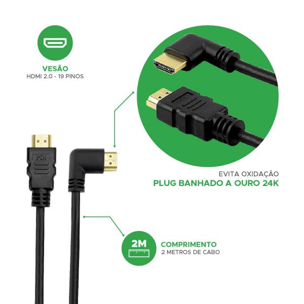 Imagem de Cabo Hdmi L 2m 90 Graus Blindado 2.0 Ethernet 2 Metros 4k 3d