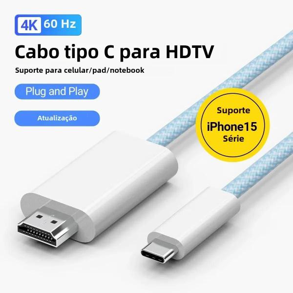 Imagem de Cabo HDMI Tipo-C 4K (1,8m) - Nylon Trançado - Compatível com iPhone 15, MacBook, iPad e Galaxy